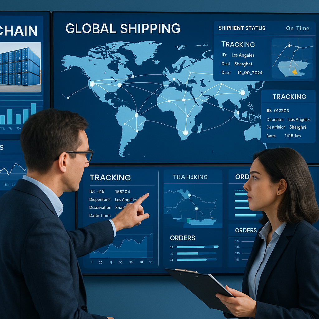 Professional logistics consultants analyzing globa